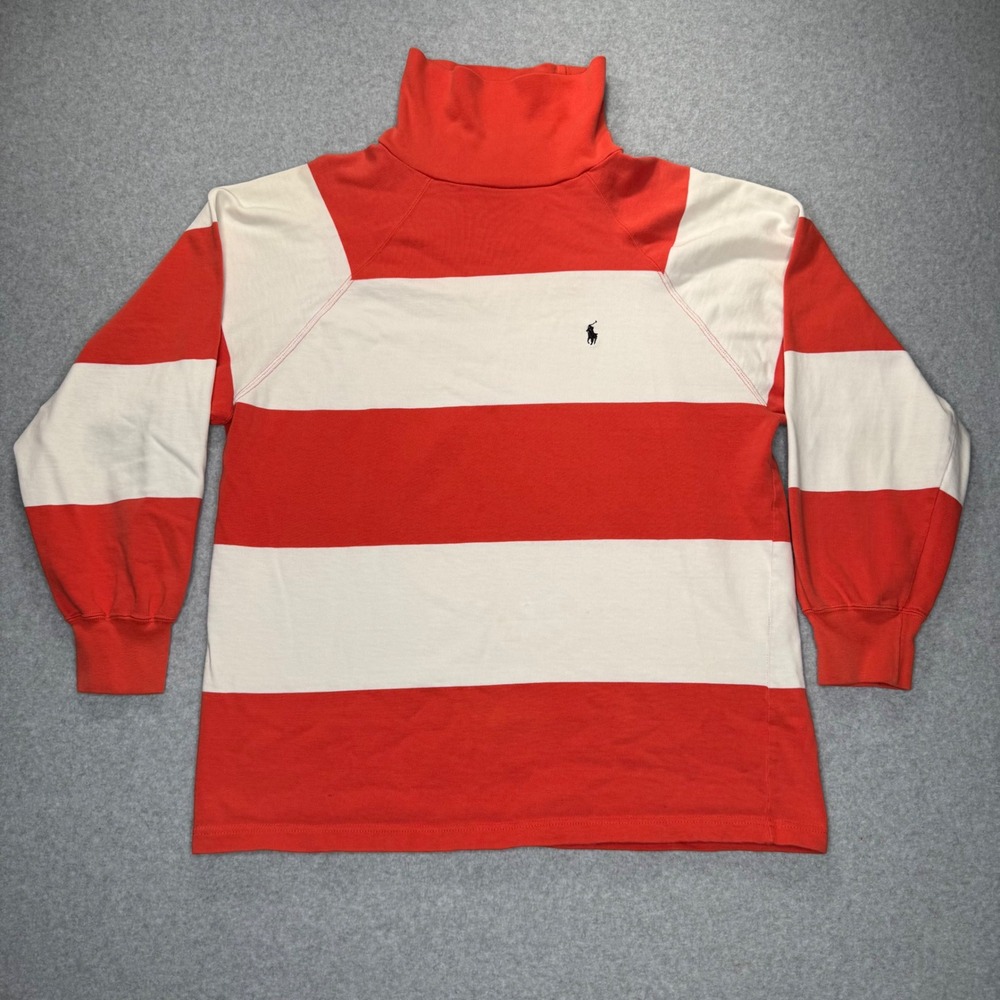 Ralph Lauren Turtleneck Shirt Mens M Orange White Striped Cotton Long Sleeve